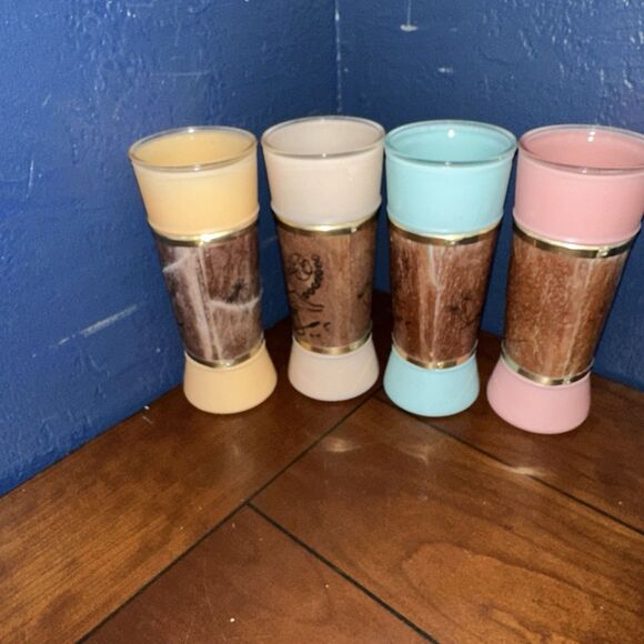 Vintage MCM Siesta Ware Tiki Bar Glasses Mahogany Wood Wrapped Set Of 4 - Picture 4 of 11